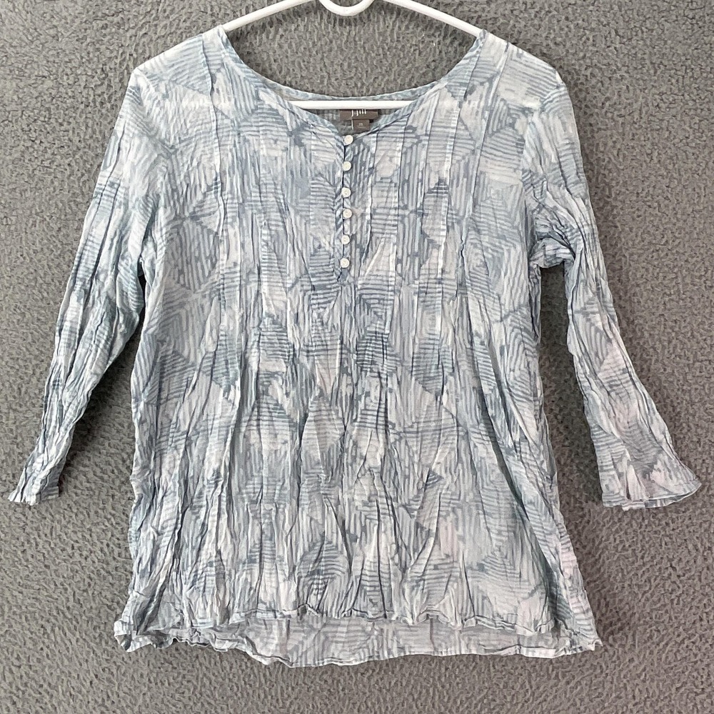 J. Jill Top Women Petite XS Blue Cotton Henley 3/4 Sleeve Pleated Geometric Boho